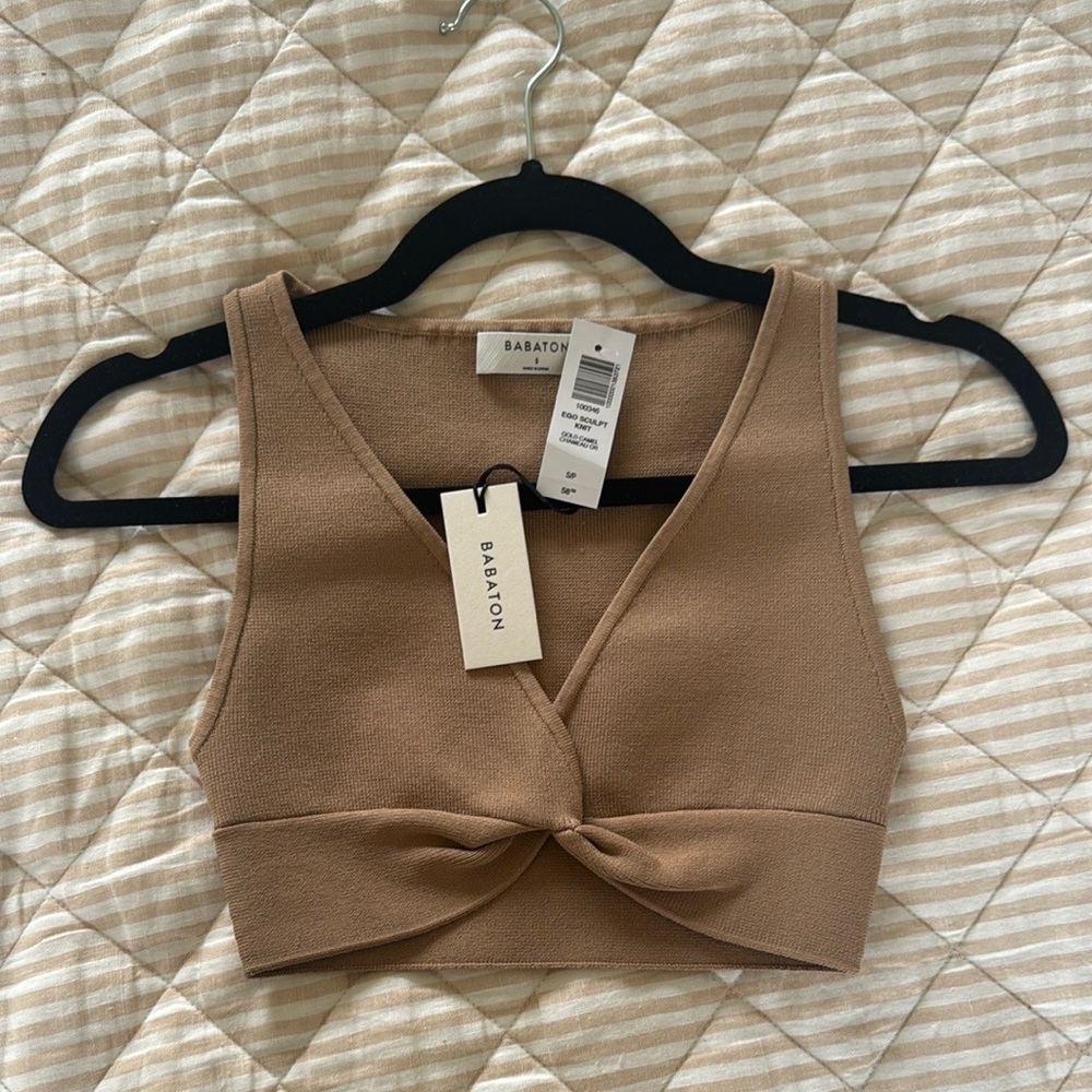 Babaton Tan Sleeveless Crop Tie Front Tank Top